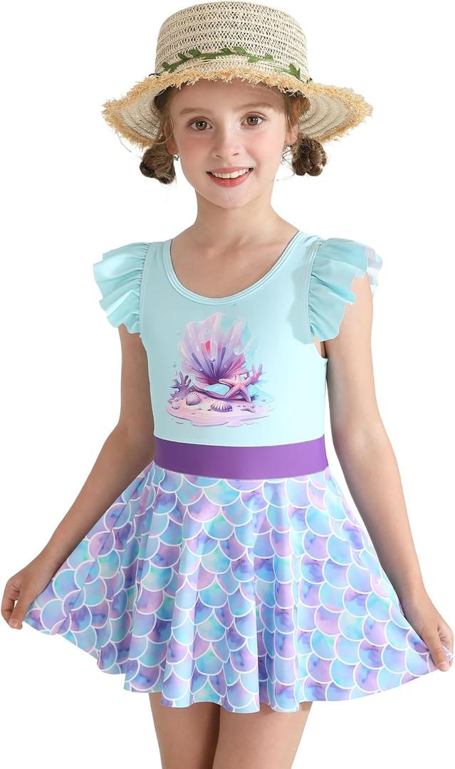 One Piece Swimsuit Skirted Girls Pearl Shell Mermaid Short Sleeve Swimwear 5t 5-6 Years Little Girls