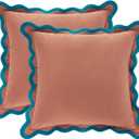 MONDAY MOOSE Decorative Throw Pillow Covers Cushion Cases, Set of 2 Soft Velvet Scalloped Wavy Edge Designs, Mix and Match for Home Decor, Pillow Inserts Not Included (Teal/Pink, 16x16 inch)