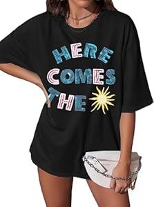 Womens Hawaiian Shirts Here Comes The Sun T Shirt Oversized Sequin T-Shirt Summer Beach Tops Black (Small)