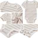 Baby Boy Girl Short Sleeve Bodysuits New Born 100% Cotton Clothes 5-Pack 0-12M (6-9 Months, Khaki+light Blue Lapel+card Stripe)