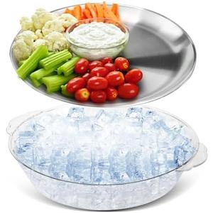 Baderke 1 Set 11.8" Chilled Serving Tray for Parties with Compartments Ice Chilled Party Platter Charcuterie Serving Board Cold Dish Dip for Fruit Seafood Vegetable Shrimp Cocktail (Natural)