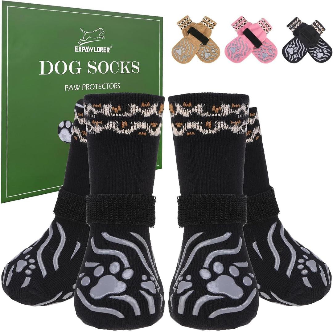 EXPAWLORER Dog Socks for Cold Winter Snow to Prevent Licking Paws, Anti Slip Doggie Grippy Booties Shoes for Hardwood Floors, Boots & Paw Protectors for Small Medium Large Senior Dogs Black S