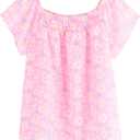 JESKIDS Girls Frilly Shirred Shirts Flutter Sleeve Square Neck Top Summer Blouse 8-9 T Pink Little Daisy