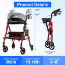 BlessReach Lightweight Foldable Rollator Walkers with Seat for Seniors, 350 lb Capacity, 5-Position Adjustable Height, Premium Hybrid Rolling Walker - Aluminum and Carbon Steel (Red)