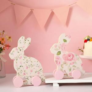 Yousoontic 2 Pcs Bunny Baby Shower Decoration Wooden Bunnies Decor with Wheels Baby Shower Table Centerpieces with Floral Prints Gift for Mom Gender Reveal Birthday Party, Nursery Decor(Pink Easter)