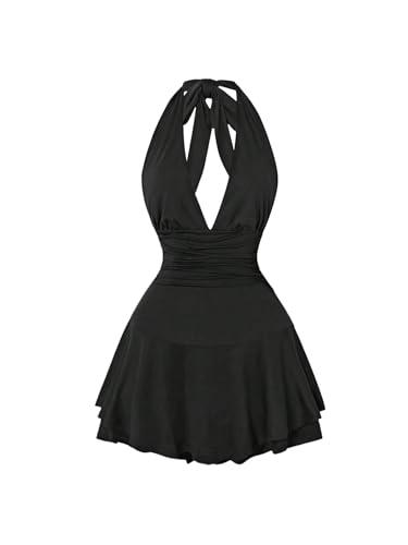 SweatyRocks Women's Halter Deep V Neck Flared Mini Dress Sleeveless Swing A Line Dresses Black, M