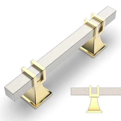 Amerdeco 10 Pack Brushed Satin Nickel and Gold Cabinet Pulls 3 Inch(76mm) Hole Center Drawer Pulls Cabinet Hardware Kitchen Cabinet Handles for Bathroom Dresser Pulls ZH0067