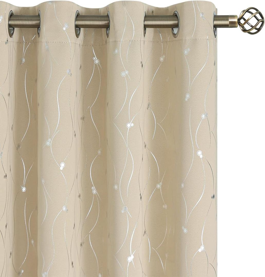 BGment Room Darkening Curtains 95 Inches Long, Grommet Thermal Insulated Blackout Curtains with Wave Line and Dots Printed for Bedroom, 2 Panels, Each 52 x 95 Inch, Beige