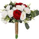 Wedding Bouquets for Bride, White Red Blue Rose Bridal Bouquets for Bride, Artificial Flower Bouquet for Wedding, Bridesmaid Bouquets with Jute Rope, Valentine's Day Anniversary Home Decor (Red)