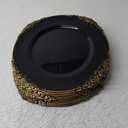 Okllen 12 Pack Plastic Round Charger Plates, 13" Dinner Charger Dessert Plates with Gold Rim, Vintage Charger Serving Plates for Catering, Wedding, Tabletop Decor, Black, Floral Trim