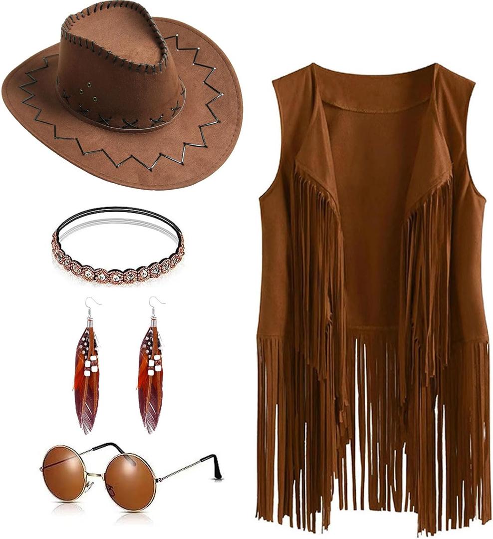 SUOLA 60s 70s Western Cowgirl Outfits Set Hippie Costume Fringe Vest with Hat Sunglasses Earring Headband for Women Halloween (Brown, L)