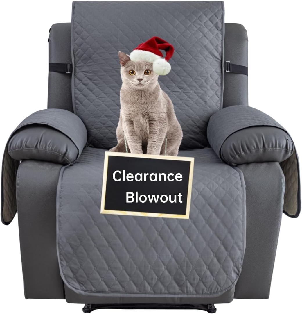 XINEAGE Waterproof Recliner Chair Covers, Super Soft Quilted Reclining Slipcover with Pockets & Non-Slip Elastic Straps, Dog Cat Pets Proof Washable Thick Furniture Protector (Recliner, Dark Grey)