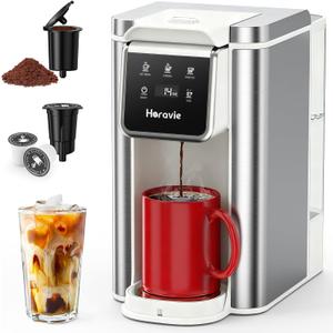 Single Serve Coffee Maker for K-Cup Pod and Grounds, Hot and Iced Coffee Maker, Strong Button Feature, 6 to 14oz Brew Sizes, 50oz Removable Reservoir, Fit 6.5" Mugs, Stainless Steel, White (11.2 Inch)