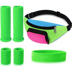 Xuniea 6 Pcs 80s 90s Workout Costumes Neon Leg Warmers Headband Wristbands Fanny Pack for 80s 90s Theme Carnival Party(Green)