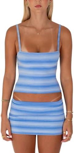 Women 2 Piece Outfits Sexy Stripes Sleeveless Spaghetti Strap Tank top Mini Skirt Beach Vacation Sets for Women S