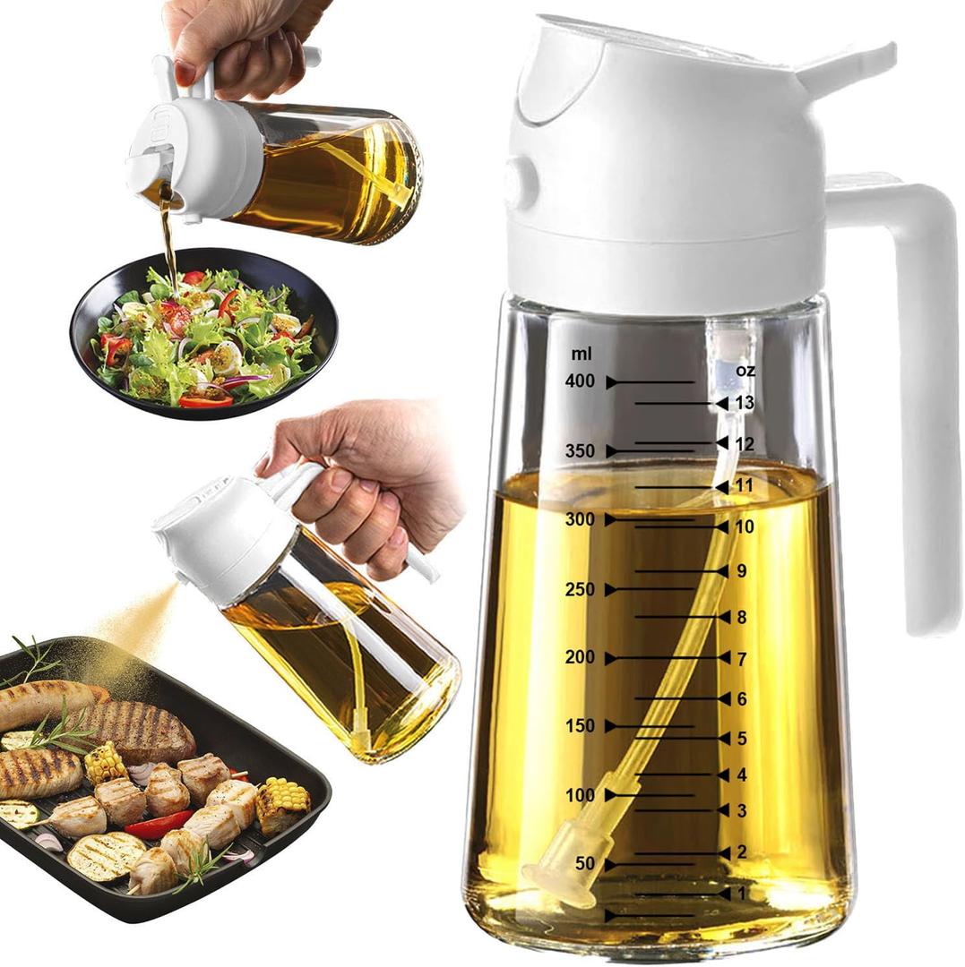 TrendPlain 16oz/470ml Glass Olive Oil Sprayer for Cooking  2 in 1 Olive Oil Dispenser Bottle for Kitchen Gadgets and Air Fryer Accessories, Salad, BBQ - White