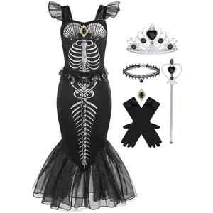 Girls Mermaid Skeleton Costume Kids Ariel Princess Black Dress Halloween Cosplay Outfits with Accessories (5-6Y)