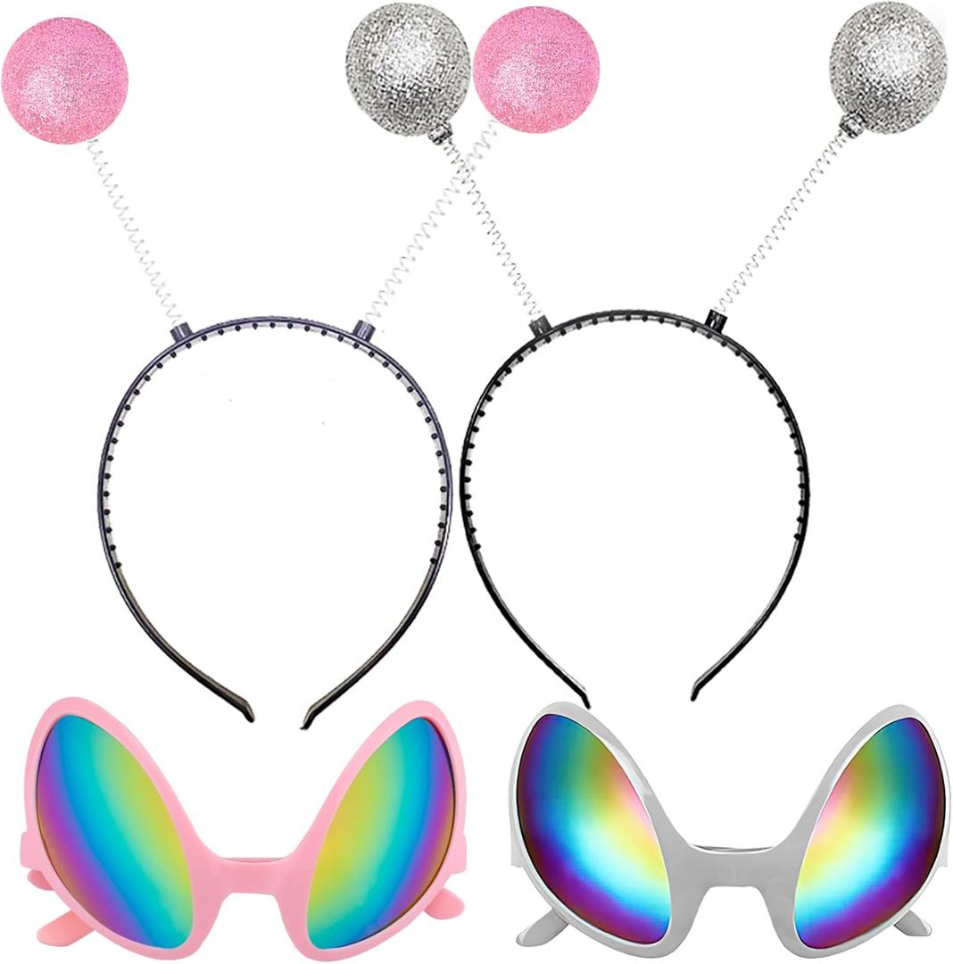 Poptrend 2 Pairs Alien Headband and Glasses,Alien Rainbow Lens Sunglasses,Headband Boppers Antenna for Adults and Kids (Pink+silver)