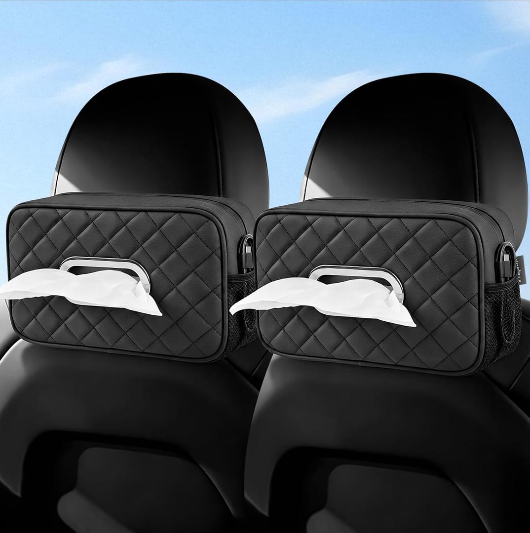 2 Pack Car Tissue Holder, Diamond-quilted Stitching Tissue Box Cover with 2 Mesh Storage Pockets, PU Leather Rectangle Napkin Organizer Fit for 90-160 Regular Size Tissues,Black
