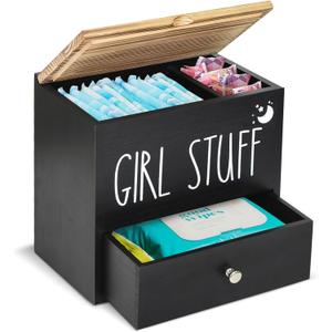 Tampon Holder for Bathroom Decor and Storage, Wood Feminine Product Organizer with Drawer and Lid, Pad and Tampon Organizer Bathroom Accessories Box for Tampon Storage, Black Cotton Ball/Swab Holder