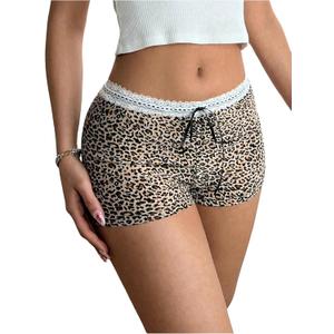 SOLY HUX Women's Leopard Print Shorts Lace Trim Y2k Elastic Low Rise Booty Shorts (M)