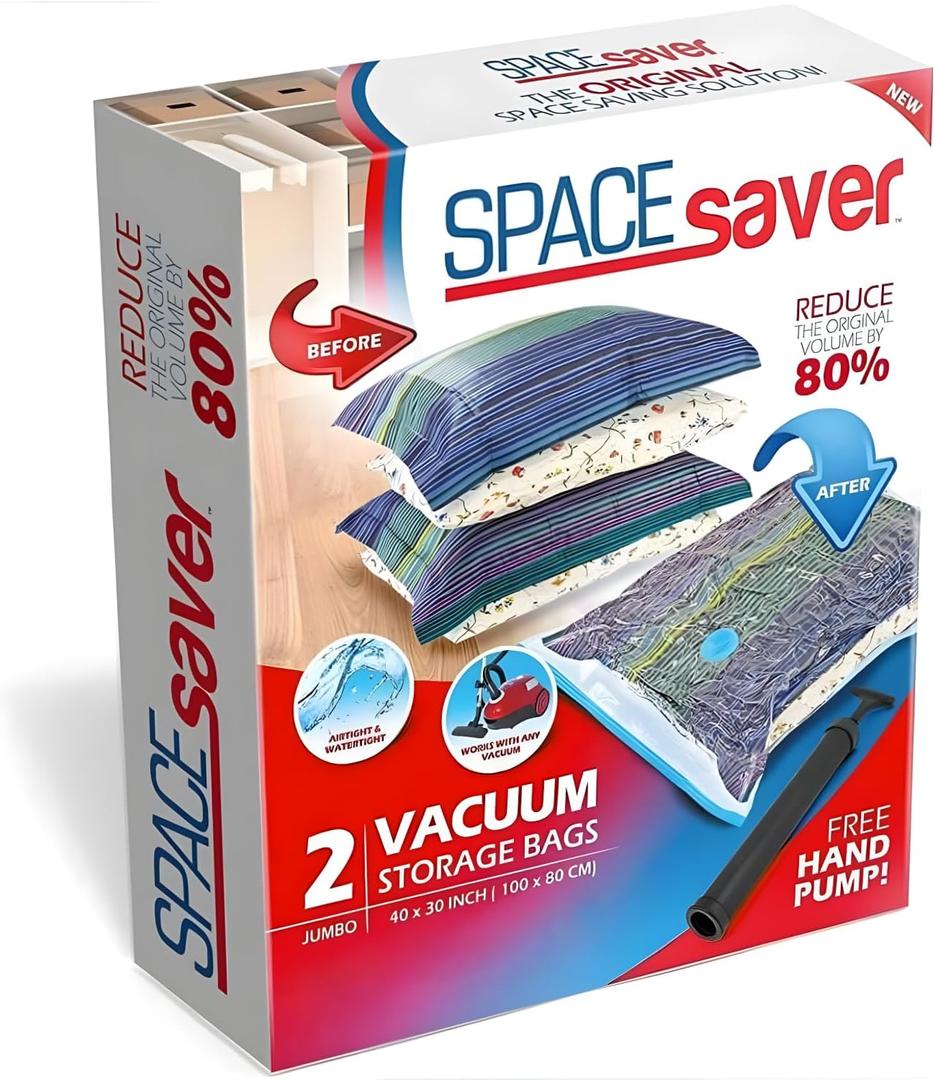 Spacesaver 2 Pack Jumbo Vacuum Storage Bags for Blankets & Clothes  Jumbo Vacuum Sealed Compression Bags with Hand Pump  Space Saver Storage Bags for Bedding, Moving, Travel & Organization