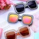 9 Pairs Rhinestone Oversized Square Sunglasses for Women Sparkling Bling Crystal Sunglasses AC Frame Glasses for Women