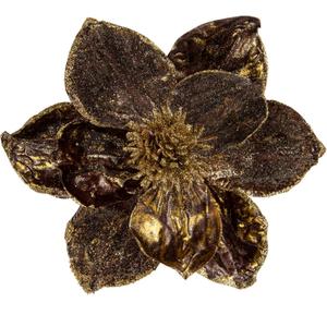 Briful 10 Large Heads Christmas Glitter Magnolia Flowers Christmas Tree Ornaments Set of 3 Artificial Flowers with Picks Stems for Xmas Tree Holiday Decorations, Chocolate Gold