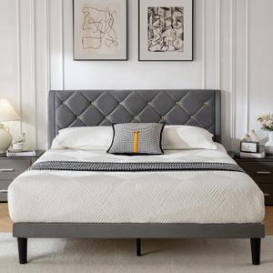 Queen Bed Frame with Headboard, Bed Frame Queen Size with Sturdy Wooden Slats Support, Platform Frame with Velvet Upholstered Headboard, Mattress Foundation, Easy Assembly, No Box Spring Needed Grey