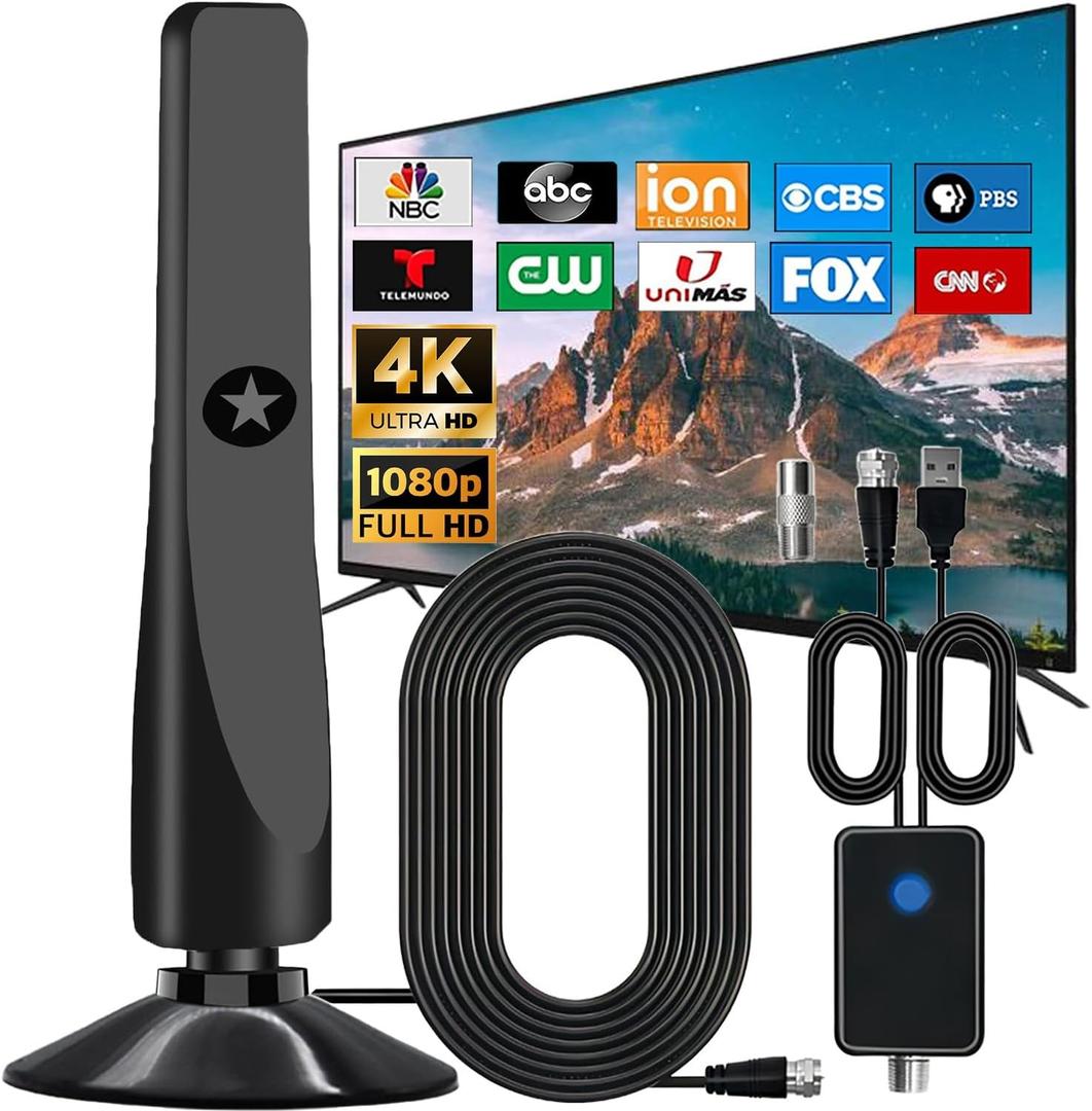 TV Antenna for Smart TV Indoor 300+ Miles Long Range with Amplifier Signal Booster, 2025 Upgraded HDTV Antenna 360° Reception Portable