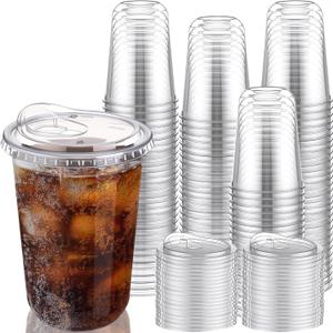 LemonRoad 200 Sets 16 oz Round Bottom Clear Plastic Cups with Sip Lid Disposable Plastic Iced Coffee Cup with Strawless Lid for Smoothie, Juice, Cold Beverage, Party Catering, Drink Shop