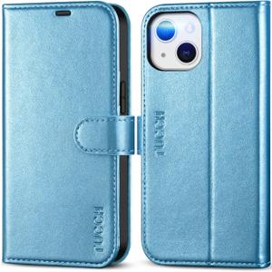 TUCCH Wallet Case for iPhone 13 6.1-inch 5G, [RFID Blocking] Card Slot Stand [Shockproof TPU Interior Case] PU Leather Magnetic Flip Cover Compatible with iPhone 13 6.1" 2021, Shiny Light Blue