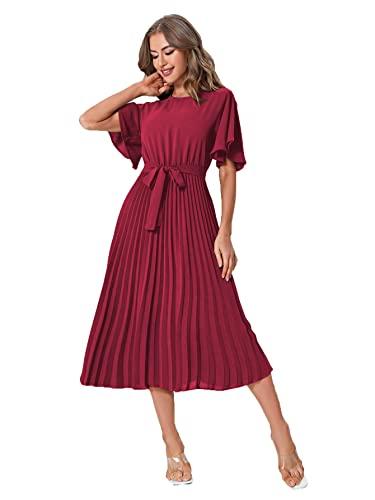 Milumia Women's Elegant Belted Pleated Flounce Sleeve Long Dress, L