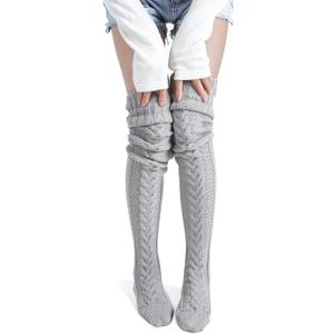 Pcavin Women's Thigh High Socks Over the Knee Cable Knit Boot Socks, Long Warm Fashion Leg Warmers Winter (One Size, 1pcs-gray)