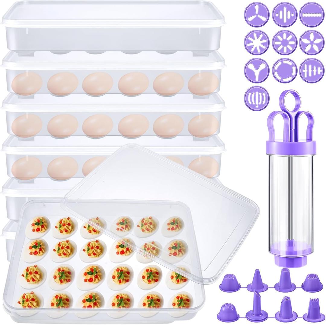 Maxcheck 6 Pack 144 Count Deviled Egg Containers with Lid and 3 Set Deviled Egg Injector Piping Tool Clear Plastic Organizer for Refrigerator Stackable Dispenser Carrier Tray for Easter Thanksgiving