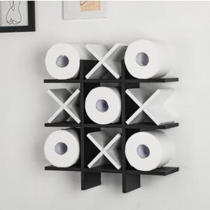 Weysat Tic Tac Toe Toilet Paper Holder Stand Bathroom Wall Decor Rustic Wooden Hanging Storage Freestanding Wall Mounted Shelves Decor for Toilet Tissue Farmhouse (Black, White)