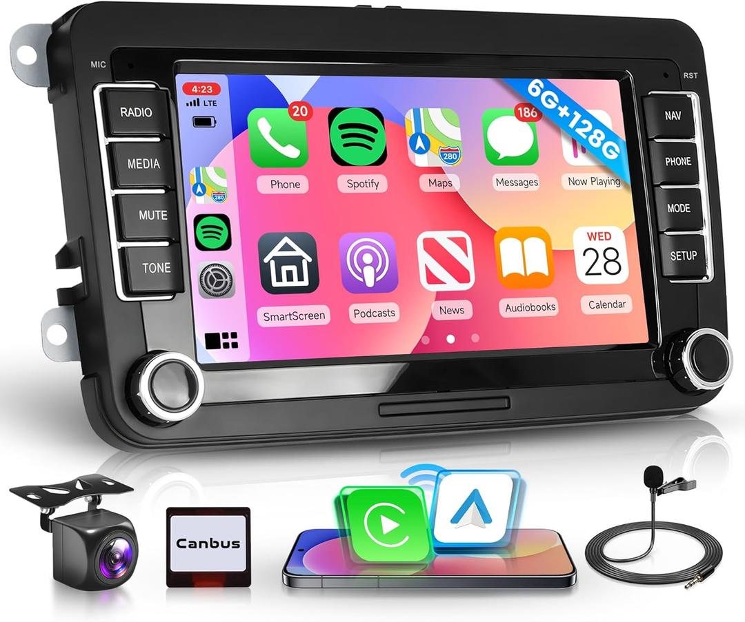 8Core 6G+128G Car Radio Stereo for VW Passat Jetta Tiguan Golf MK5 MK6 T5 EOS Polo, Android Rimoody 7'' Wireless Carplay Android Auto Mirror Link GPS 4G-WiFi BT 5.0 FM/AM/RDS DSP Camera