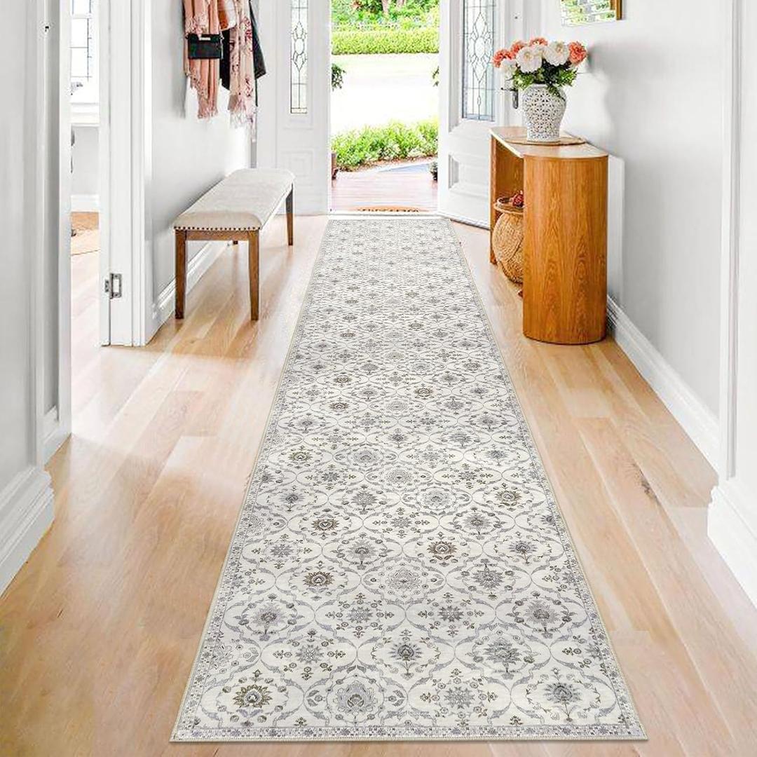 KILOCOCO 2.6x14 Moroccan Runner Rug, Cream Beige Grey Super Soft Washable Hallway Entryway Runner Rug, Accent Print Faux Wool Kitchen Runner 14 Feet Non-Slip Boho Carpet for Laundry Room Bedroom