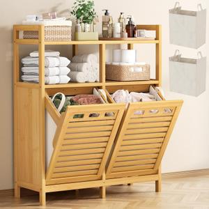 Homykic Tilt Out Laundry Hamper Cabinet, Bamboo Double Laundry Hamper with 2 Removable Laundry Baskets, 20 Gal Laundry Sorter Organizer with Shelf for Dirty Clothes, Bathroom, Laundry Room, Natural, Large