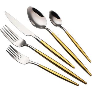 20 Piece Luxury Silverware Set for 4 Golden Handle Mirror-Polished 18/10 Stainless Steel Heavy Flatware Set Modern Cutlery Set Knife/Fork/Spoon with Gifts for Home & Hotel