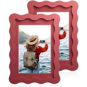 4x6 Wavy Picture Frame With Mat For 3.5x5, Wavy Edge Wooden Picture Frame with Real Glass - Wall Mount and Tabletop Display, Red, 2 Pack