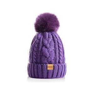 Women's Winter Fleece Beanie Hat, Warm Soft Wool Lined Knit Cross Cap with Pom Pom Snow (Purple)