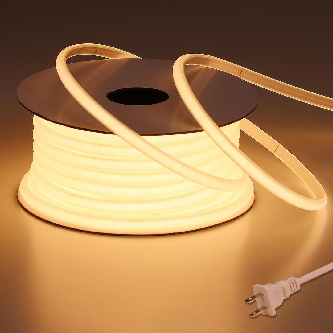 BENLUN AC 110V COB LED Strip Lights Outdoor Waterproof 65.6ft, 3000K Warm White Super Bright 200W CRI 90+ LED Rope Light, IP65 Flexible Cuttable, for Bedroom Garden Commercial House
