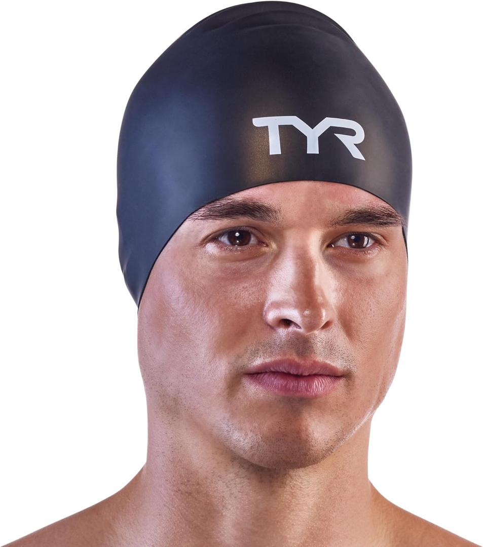 TYR Adult Long Hair Wrinkle-Free Silicone Swim Cap (Black)