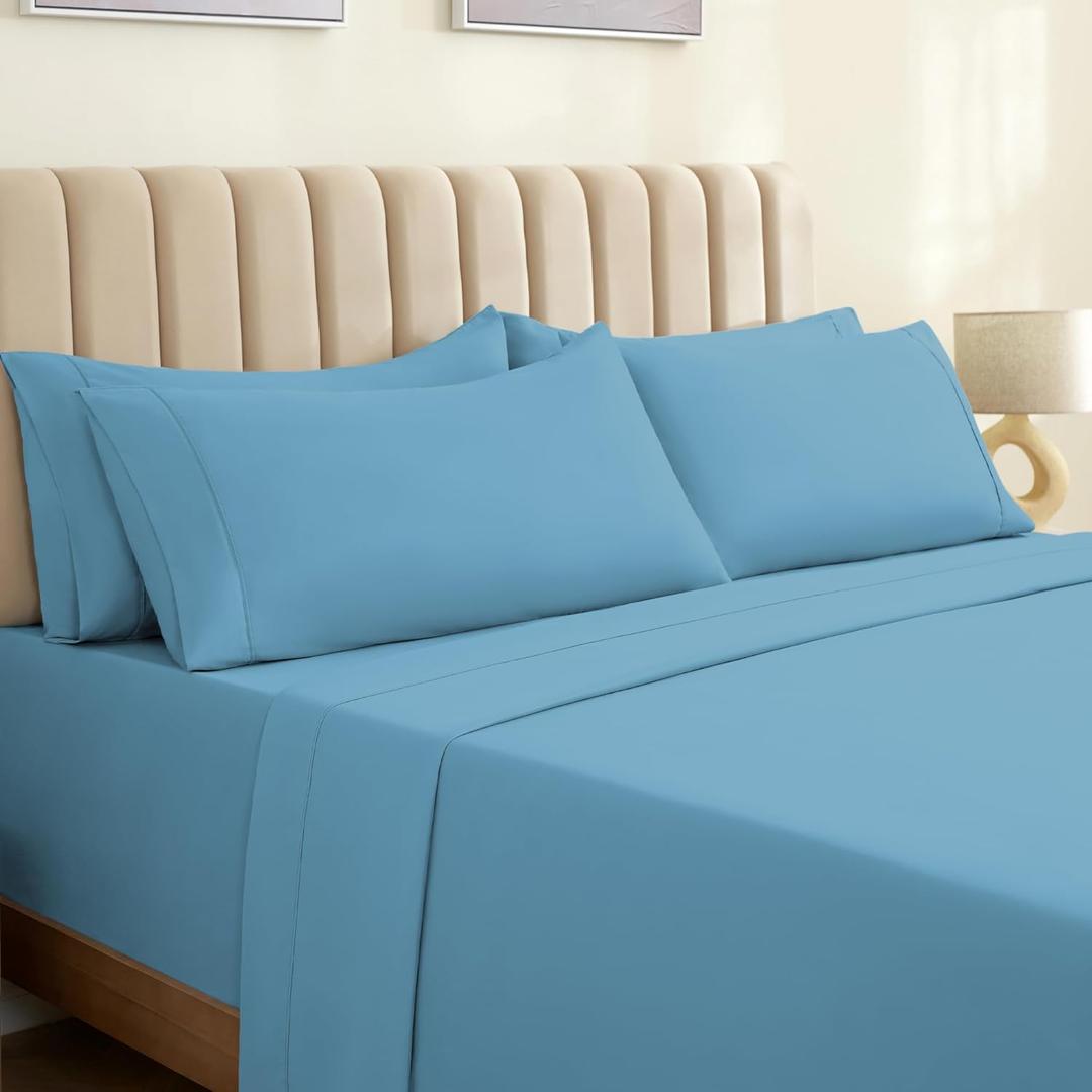 LuxClub 6 PC Full Size Sheet Set Sheets Deep Pockets 18" Eco Friendly Wrinkle Free Cooling Sheets Machine Washable Hotel Bedding Silky Soft - Light Blue Full