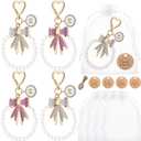 Yuntau 4 Set Pearl Bow Keychain Party Favor Set Rhinestone Bow Purse Charm with Thank You Tags Organza Sparkly Bowknot Keychain for Guest Baptism Bridal Shower Wedding