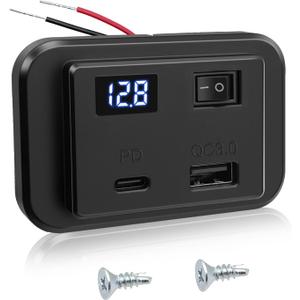12V RV USB Outlet Wall Mount Panel with Voltmeter- USB C Car Charger QC3.0 Fast Charging Socket ON/OFF Switch for Marine Bus ATV