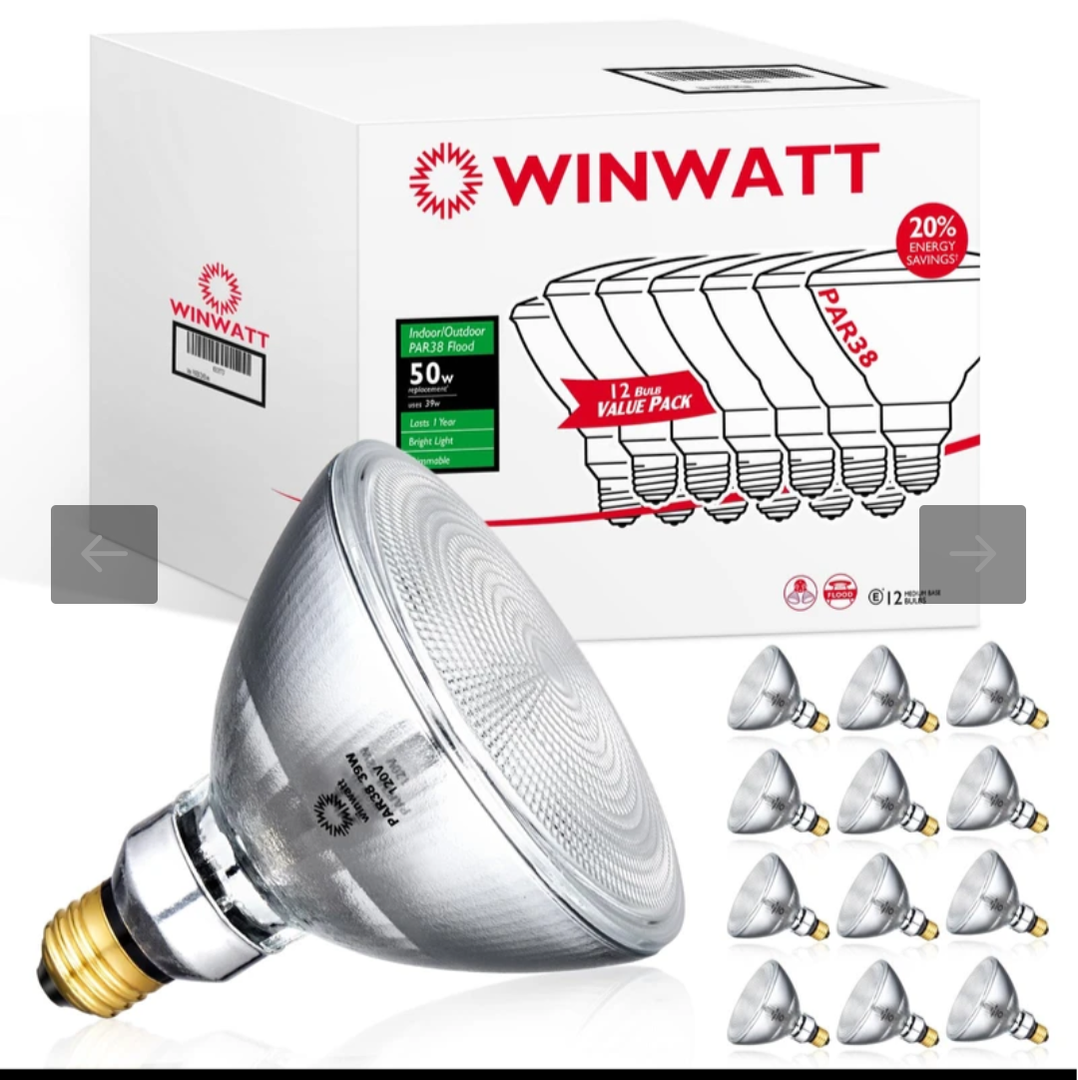 WinWatt PAR38 Flood 25-Deg. 39W, 12-Pack 50W Eq. EcoPAR Halogen Light Bulb E26 Dimmable 2900K CRI100 120V (Count of 12)