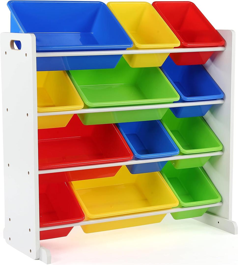 Humble Crew Kids Toy Storage Organizer with 12 Plastic Bins, White/Primary Removable Bins for Playroom, Bedroom, Toddler Furniture for Boys and Girls Ages (Tall)