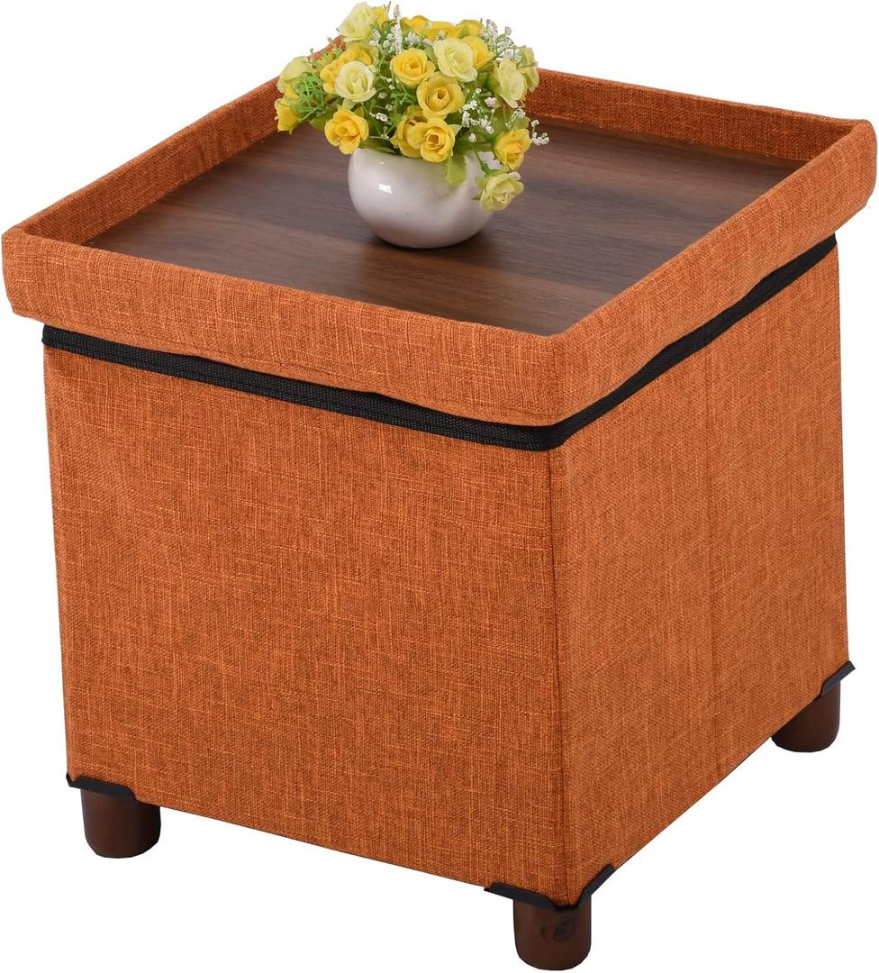 15 Inch Storage Ottoman with Wooden Legs - Cube Foot Rest Stool, Square Footstool, Comfortable Seat with Lid, Foldable Fabric Ottoman, Space-Saving Orange